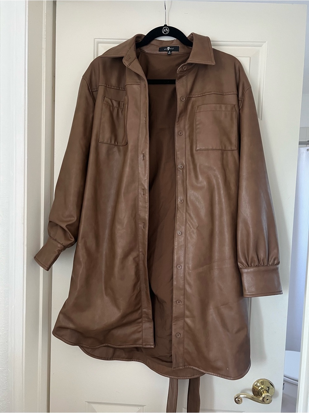 Faux Leather Brown Shacket Coat - Women's Jacket & Coat